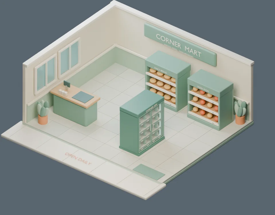 Blender 中的中岛陈列布局,冷藏柜移到入口附近