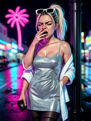 Jackie Potts yawning on a neon street.