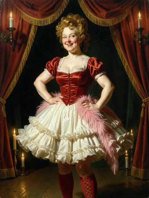 Bess Bunbury, the Can-Can Queen of Lambeth, hands on hips in a frilled red-and-white costume on a music-hall stage.