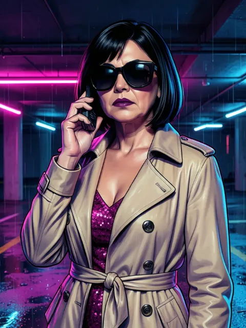 Dee Scretion in a trench coat and huge sunglasses, talking into a phone.