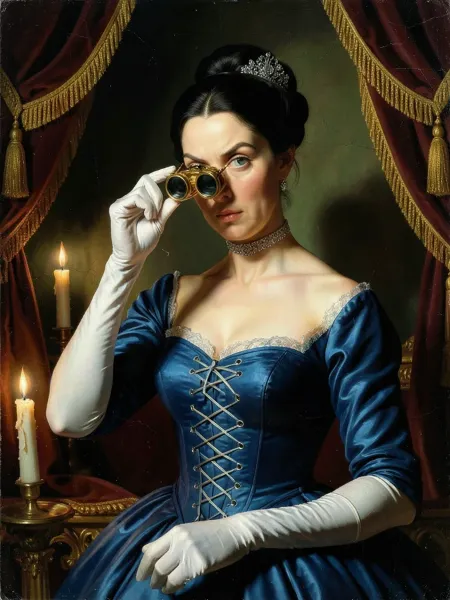 Lady Lavinia peers down her nose through a lorgnette.