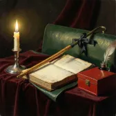 A cane laid across a leather-bound book by candlelight.