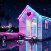 A tiny white wedding chapel with a neon heart, a pink convertible parked outside.