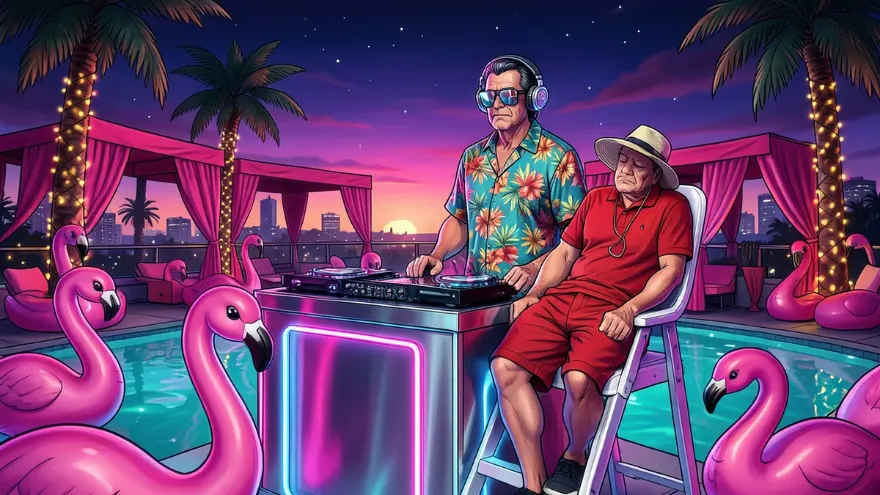 A neon pool party: inflatable pink flamingos, palm trees and a DJ in a loud shirt.