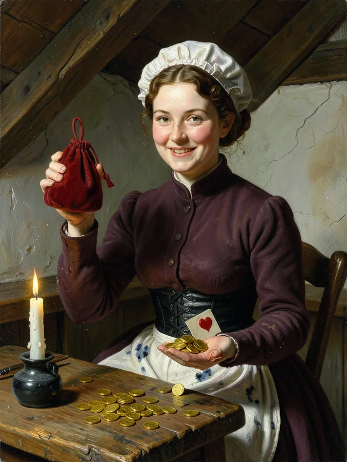 Dolly Mopp, a Victorian parlourmaid in a white cap, grins at a candlelit table and holds up a purse and a playing card over a pile of gold coins.