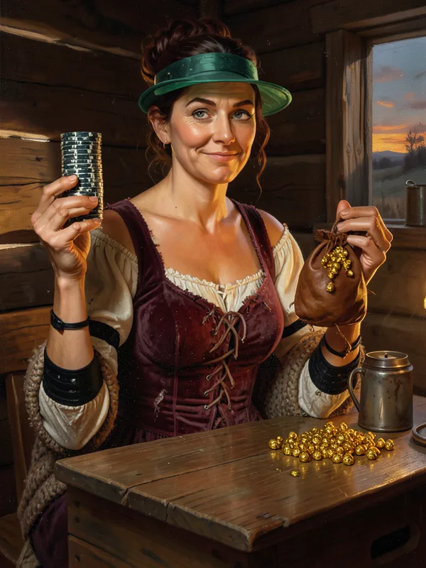 Fanny Faro, a Wild West faro dealer in a green visor, holds up a stack of chips beside a heap of coins.