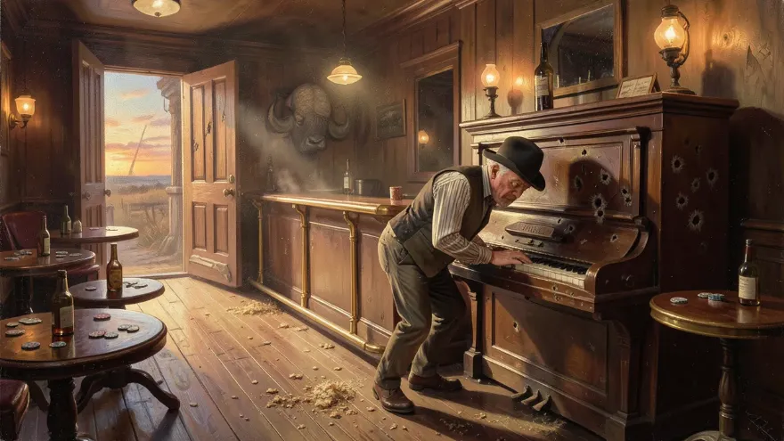 The Last Chance Saloon at sunset: a piano, swing doors and a cowboy bent over the keys.