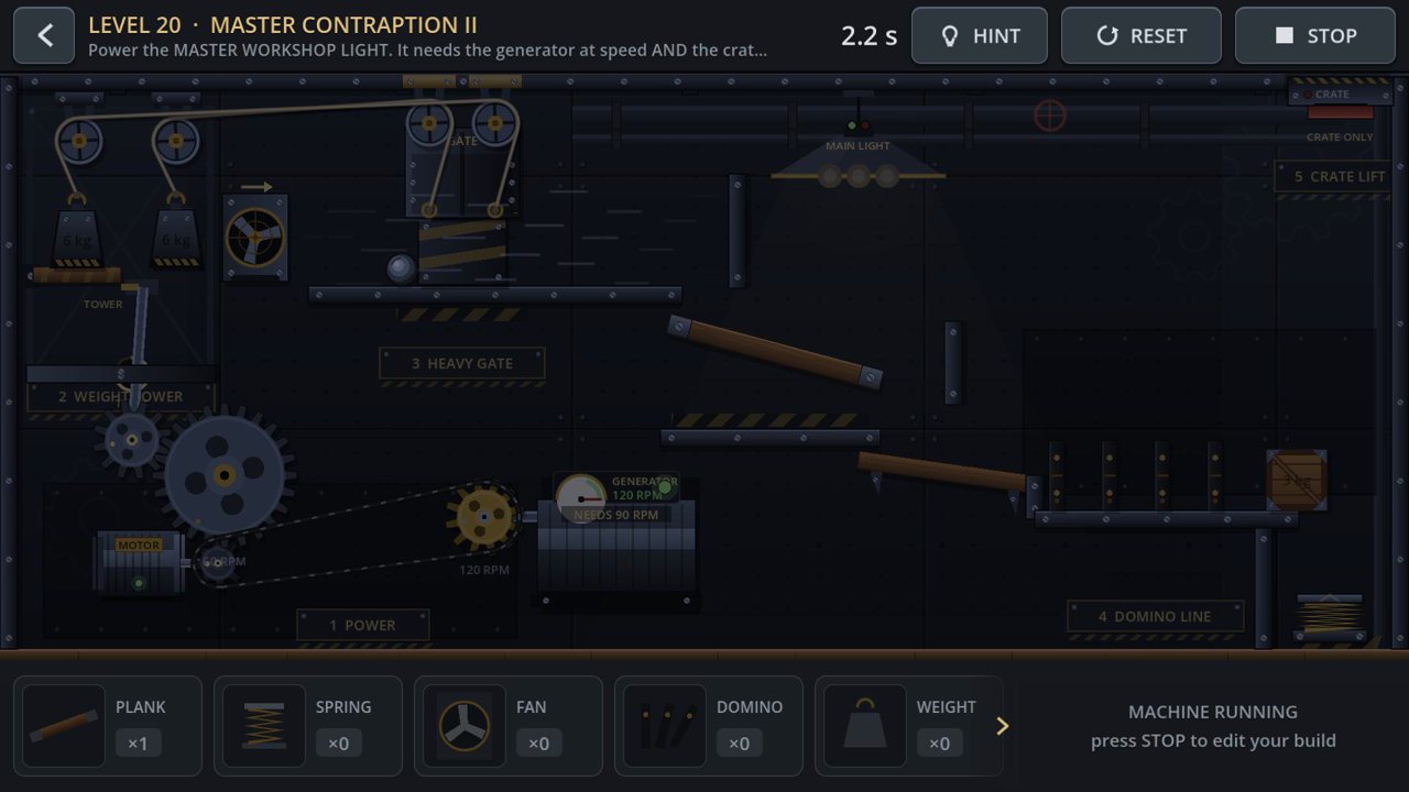 Level 20 power section: motor, large gear, belt and generator at 120 RPM