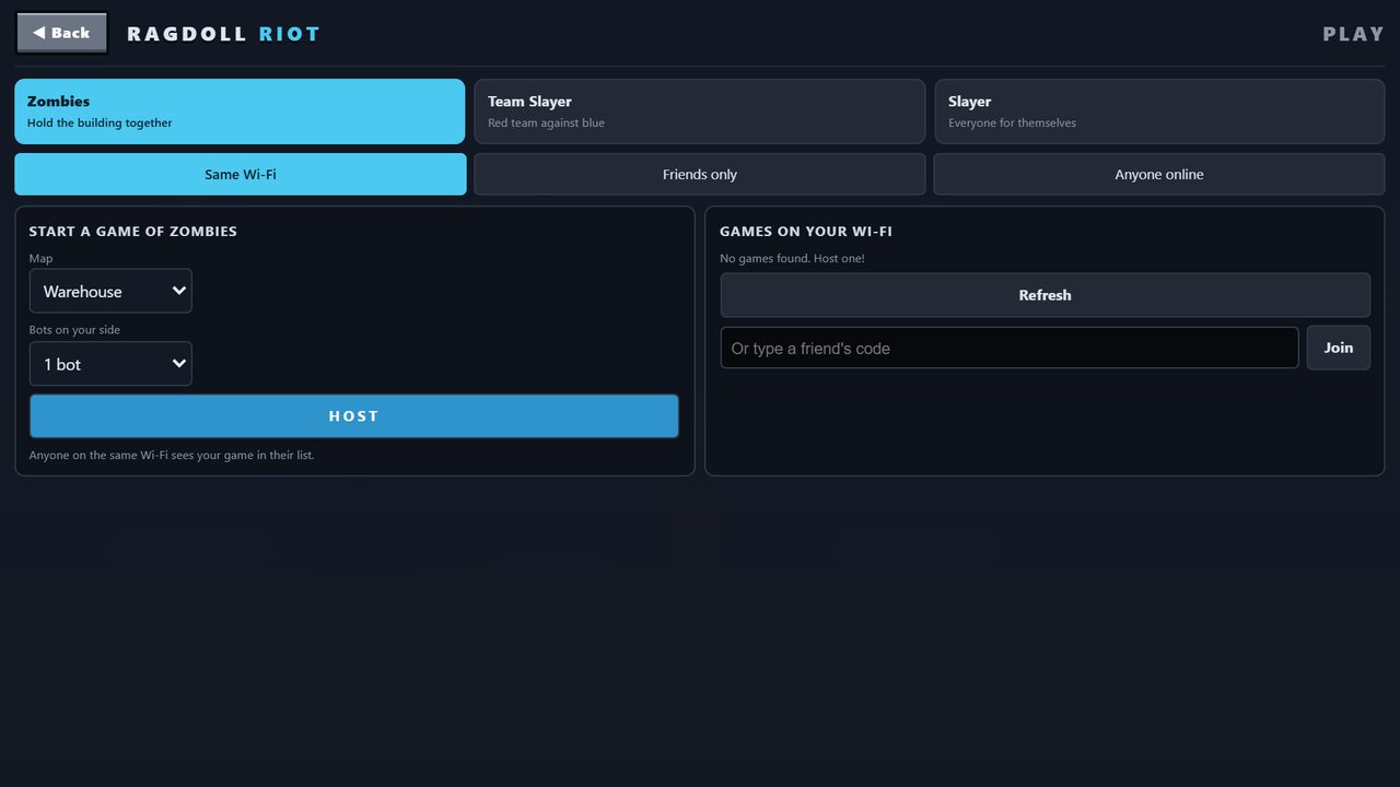The play page: choose Zombies, Team Slayer or Slayer, then host or join a game