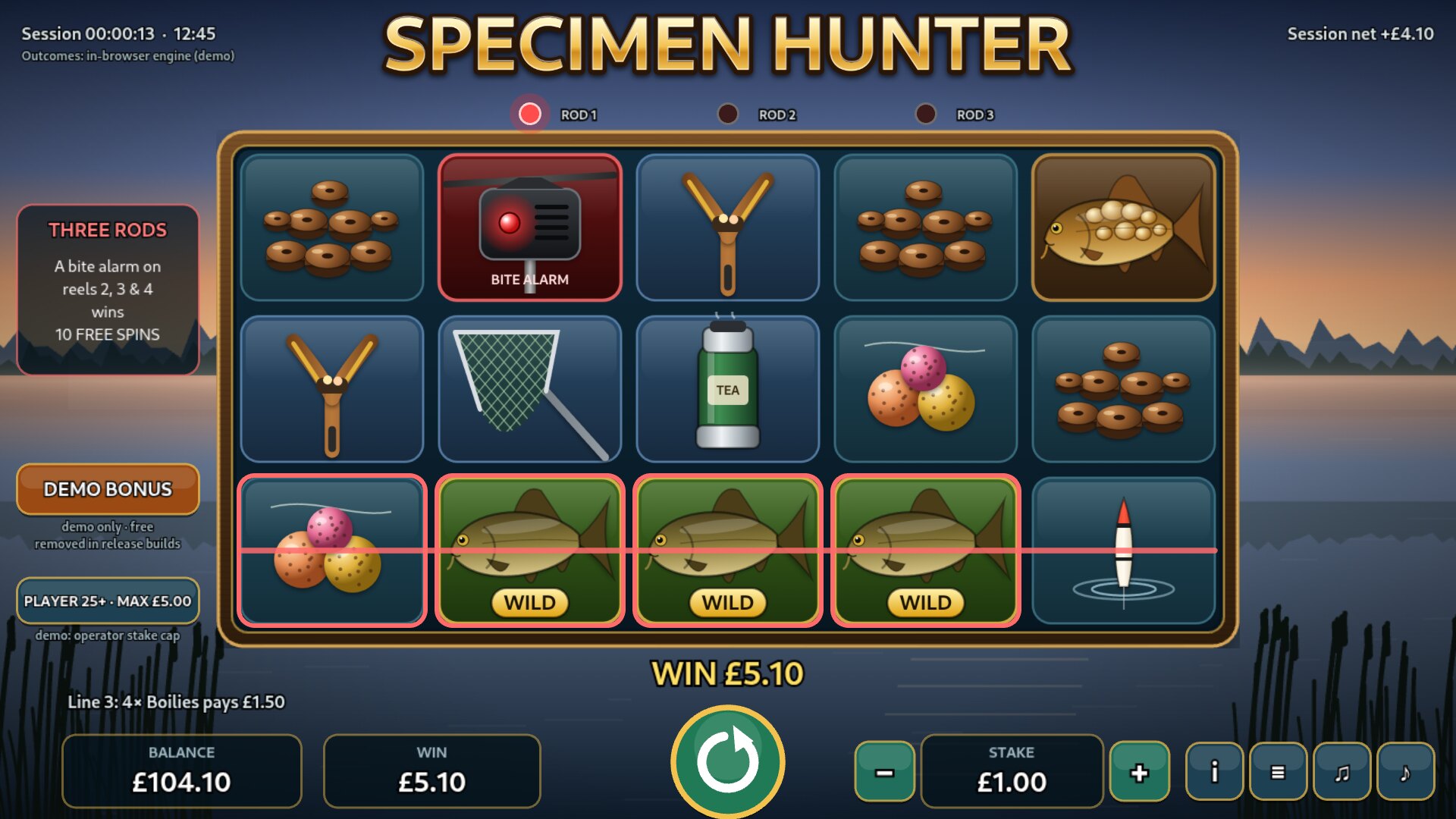 Specimen Hunter gameplay: a line win with three wild Leather Carp at a UK lake at dawn